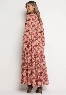 Różowa Koszulowa Sukienka Maxi z Falbanką Mersa