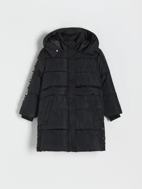 Pikowany płaszcz z kapturem - Czarny