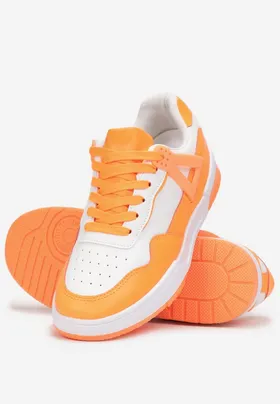 Pomarańczowe Sneakersy ze Wstawkami i Perforacją na Nosku Linis