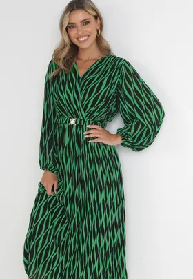 Zielona Rozkloszowana Sukienka Plisowana z Paskiem Famalee