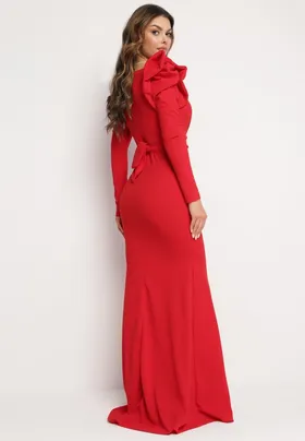 Czerwona Sukienka Maxi z Kopertowym Dekoltem i Falbankami Serrila