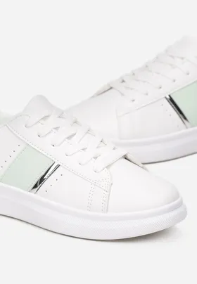 Biało-Jasnozielone Sneakersy na Płaskiej Podeszwie z Metaliczną Wstawką Havuni
