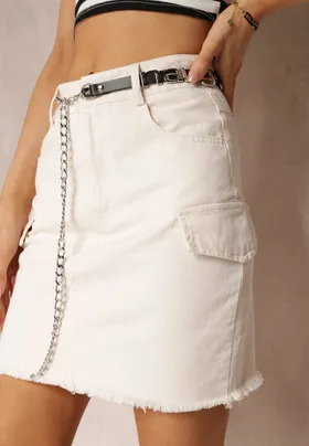 Biała Ołówkowa Spódnica Mini z Imitacją Kieszeni i Dodatkowym Paskiem Josaria