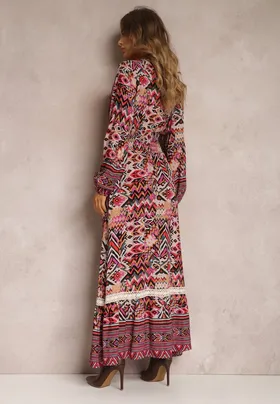 Fuksjowa Sukienka z Gumką w Talii w Etno Wzór Kapha