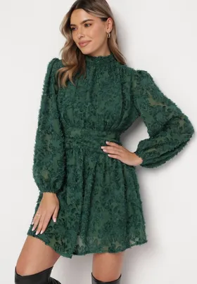Zielona Rozkloszowana Sukienka Koronkowa Mini Alatalo
