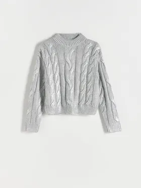 Sweter o prostym fasonie, wykonany z dzianiny z metalicznym efektem. - srebrny