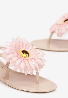 Ciemnobeżowe Sandały Japonki z Ozdobnym Kwiatem Navita