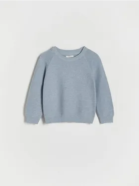 Sweter o prostym fasonie, wykonany ze strukturalnej dzianiny z bawełną. - niebieski