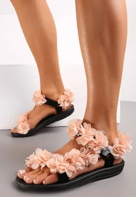 Różowe Sandały z Rzepem i Aplikacją z Kwiatów Dytia