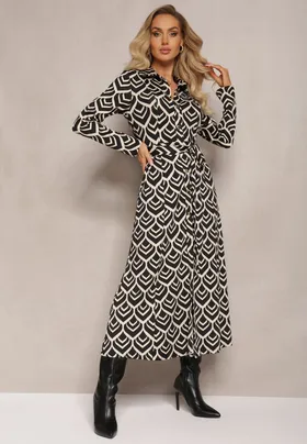 Czarna Koszulowa Sukienka Maxi w Geometryczny Wzór Suvve