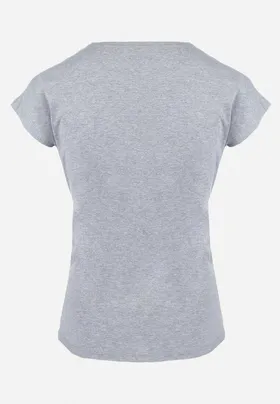 Szary Bawełniany T-shirt z Nadrukiem w Serca Zdobiony Brokatem i Rękawami Typu Nietoperz Dipti