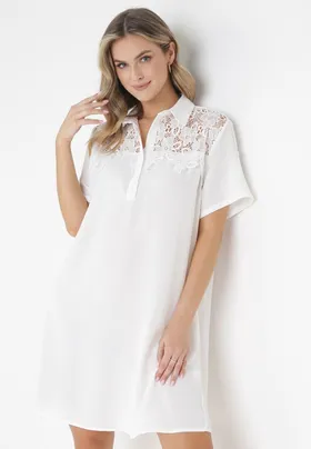 Biała Koszulowa Sukienka z Koronką Jetana