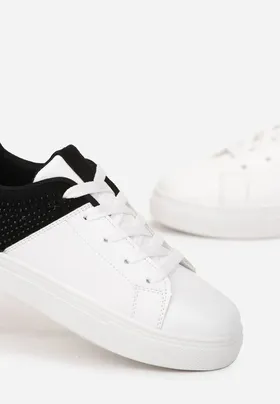 Biało-Czarne Sznurowane Buty Sportowe na Płaskiej Podeszwie z Ozdobnymi Cyrkoniami Gimena