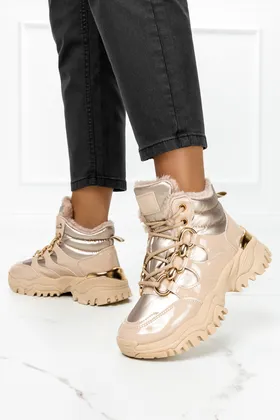 Beżowe botki sneakersy damskie z futerkiem sznurowane casu mf263