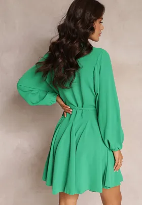 Zielona Rozkloszowana Sukienka Koszulowa z Paskiem Javiana