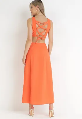 Pomarańczowa Trapezowa Sukienka Maxi z Wycięciami Amandika