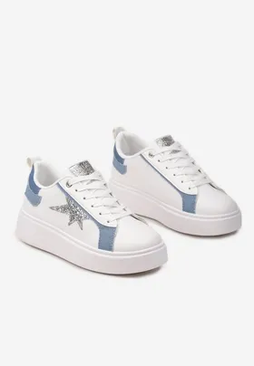 Biało-Niebieskie Sneakersy Ozdobione Brokatem na Niskiej Platformie Leonare