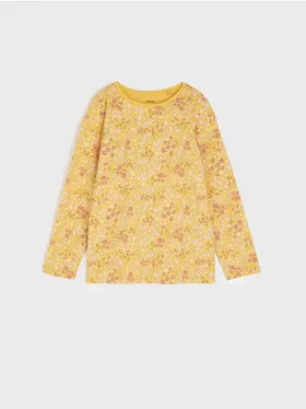 Luźna, bawełniana koszulka ozdobiona kwiecistym wzorem. - żółty