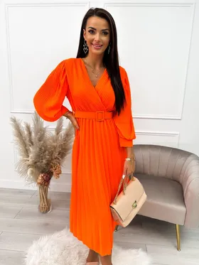 Neonowa Pomarańczowa Plisowana Sukienka z Paskiem