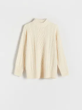 Sweter o prostym kroju, wykonany z dzianiny z wełną. - złamana biel