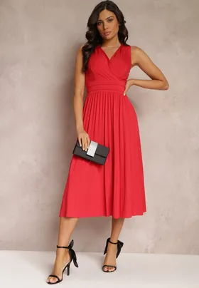 Czerwona Sukienka z Kopertowym Dekoltem i Plisowanym Dołem Anamarie