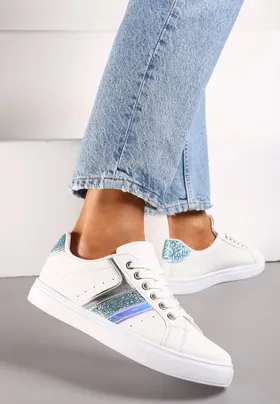 Biało-Niebieskie Casualowe Sneakersy z Brokatem i Metalicznym Zdobieniem Tidalis