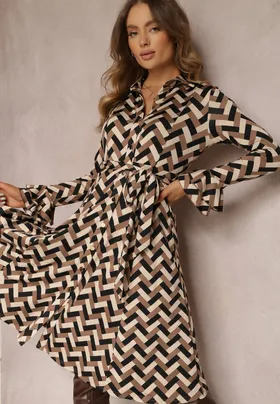 Beżowa Sukienka Koszulowa w Geometryczny Wzór Reimeza