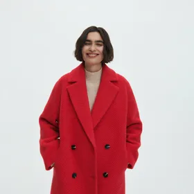 Dwurzędowy płaszcz z wełną - Czerwony