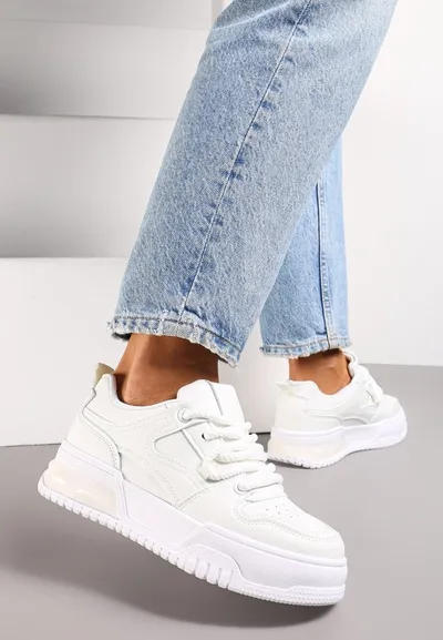 Renee Białe Sneakersy na Platformie z Imitacji Skóry z Przeszyciami i Sznurowaniem Celende