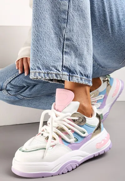 Renee Biało-Fioletowe Sneakersy Ozdobione Kolorowymi i Metalicznymi Wstawkami na Grubej Podeszwie Oplevia