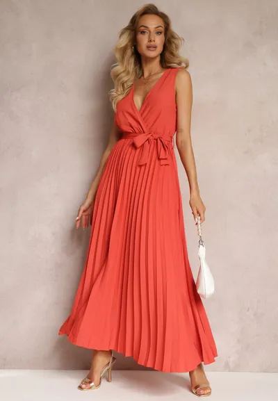 Renee Czerwona Rozkloszowana Sukienka Maxi z Plisowanym Dołem i Gumką w Talii Sare