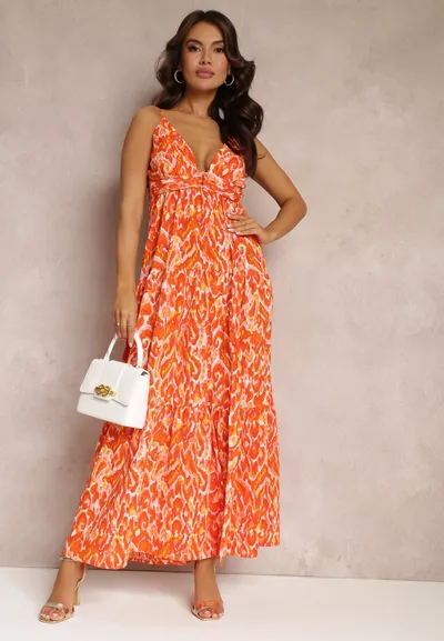 Renee Pomarańczowa Sukienka Maxi na Regulowanych Ramiączkach z Abstrakcyjnym Wzorem Jerela