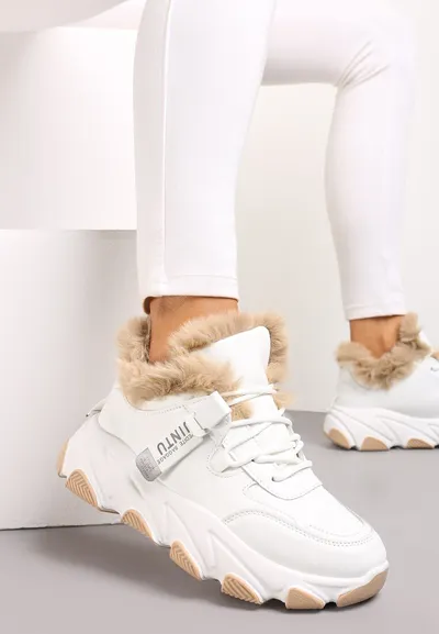 Renee Białe Sznurowane Sneakersy Chunky z Futerkiem i Grubą Podeszwą Nimfore