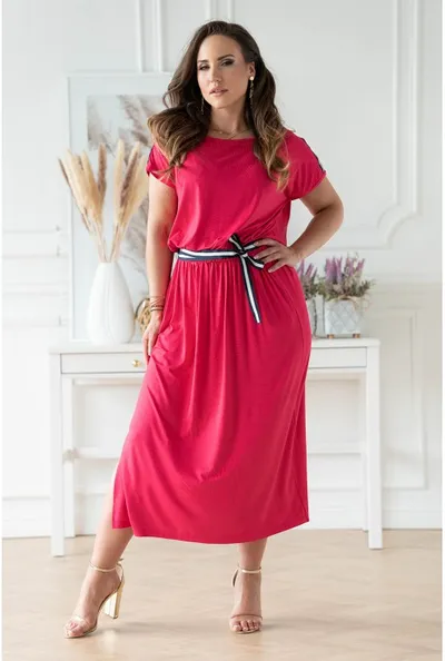 XL-ka Fuksja sukienka 7/8 z wiązaniem w pasie - Francesca