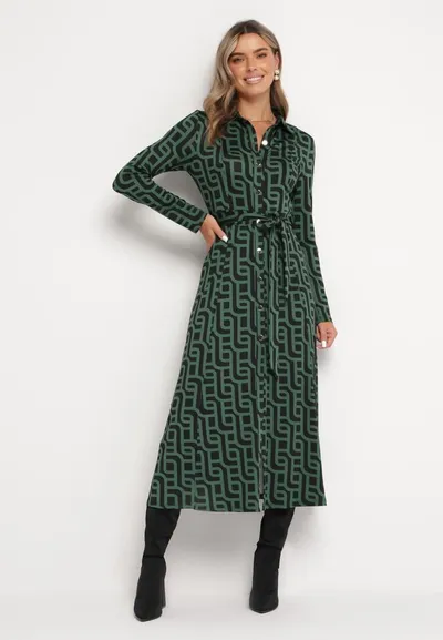 Born2be Zielona Koszulowa Sukienka Midi w Geometryczny Wzór z Wiązanym Paskiem Gelama