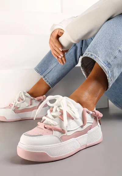 Renee Biało-Różowe Sneakersy na Platformie z Grubymi Sznurówkami i Delikatną Perforacją Tarvie