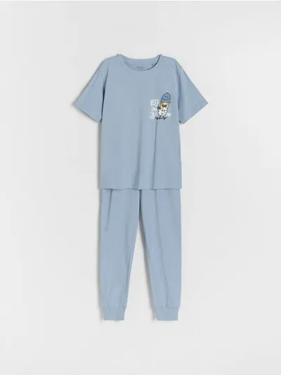 Reserved Dwuczęściowa piżama o prostym fasonie, wykonana z bawełnianej dzianiny. - niebieski