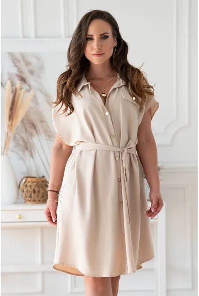 XL-ka Beżowa sukienka z guzikami i wiązaniem w pasie - Madalena