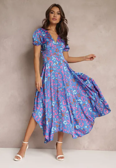 Renee Niebieska Sukienka Maxi z Gumką w Talii i Asymetrycznym Dołem Amparo