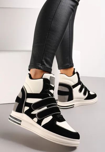 Renee Czarno-Białe Sneakersy na Ukrytym Koturnie Zapięcie na Rzep Dodatkowo Sznurowane z Ozdobnymi Wstawkami z Ekozamszu Tisgnet