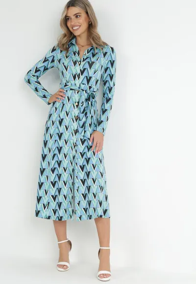 Born2be Niebieska Sukienka Maxi z Wiązanym Paskiem i Geometrycznym Wzorem Annalea