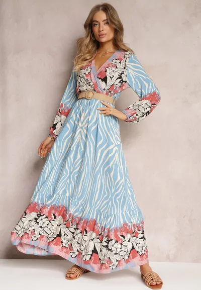 Renee Niebiesko-Różowa Kopertowa Sukienka Rozkloszowana z Plecionym Paskiem Alymara