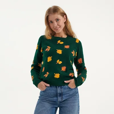 House Dzianinowy sweter z motywami liści zielony - Wielobarwny
