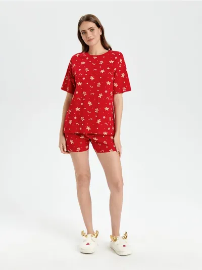 Sinsay Dwuczęściowa piżama ze świątecznym nadrukiem na całości. - czerwony