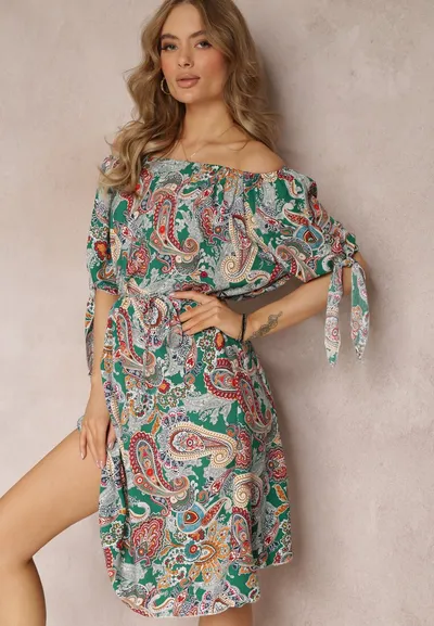Renee Zielona Sukienka Midi Hiszpanka z Wiązaniem na Rękawach i Materiałowym Paskiem Ambertta