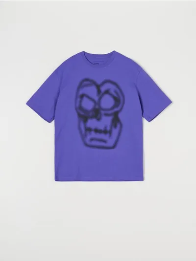 Sinsay Bawełniana koszulka o kroju loose fit z ozdobnym nadrukiem. - fioletowy