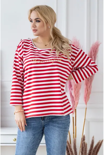 XL-ka Biało-czerwona bluzka w paski z napisem - KIARA