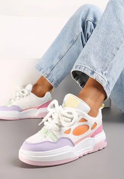 Renee Biało-Różowe Sneakersy na Niskiej Platformie z Grubymi Sznurowadłami Odellia
