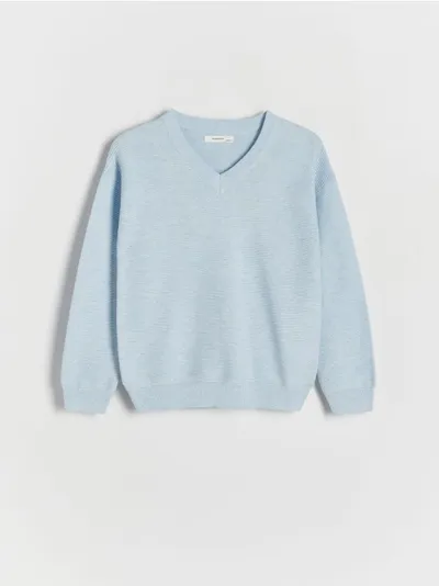 Reserved Sweter o klasycznym fasonie, wykonany ze strukturalnej dzianiny z bawełną. - jasnoniebieski
