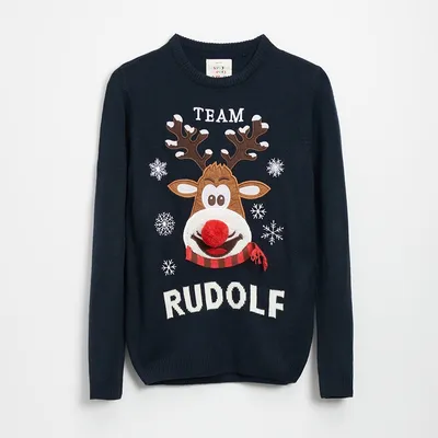 House Świąteczny sweter z reniferem Team Rudolf - Granatowy